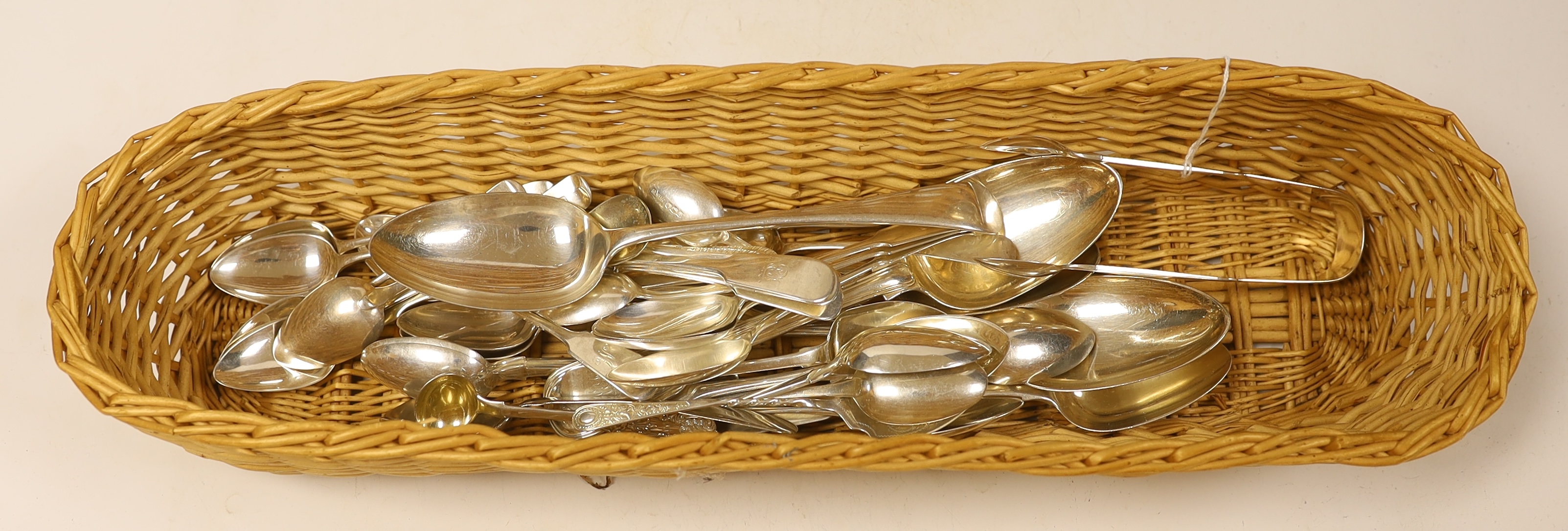 Assorted silver flatware including a set of six Victorian fiddle pattern teaspoons and pair of tongs, Newcastle, 1852, a set of six later coffee spoons, Sheffield, 1935, a set of six George III teaspoons, London, 1811 an